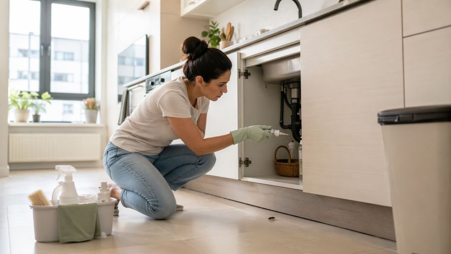 Женщина обрабатывает под раковиной средством от тараканов